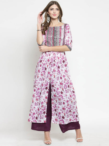 Women White Floral Print Anarkali Kurta