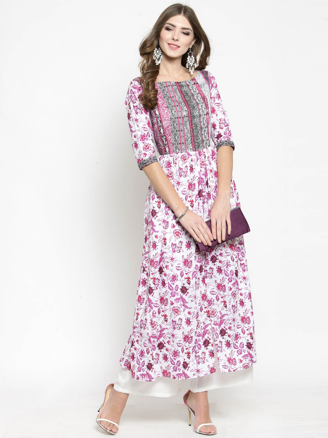 Women White Floral Print Anarkali Kurta with White Palazzo