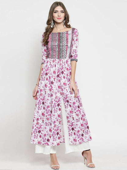 Women White Floral Print Anarkali Kurta with White Palazzo