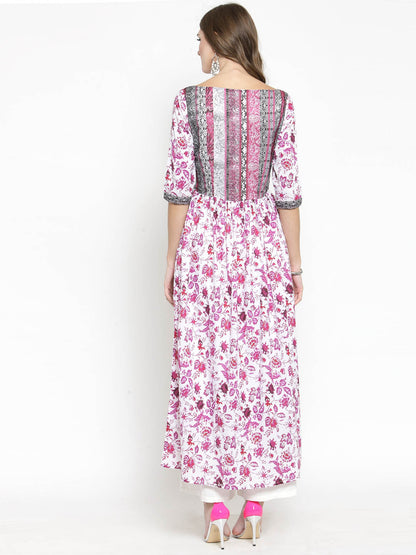 Women White Floral Print Anarkali Kurta with White Palazzo