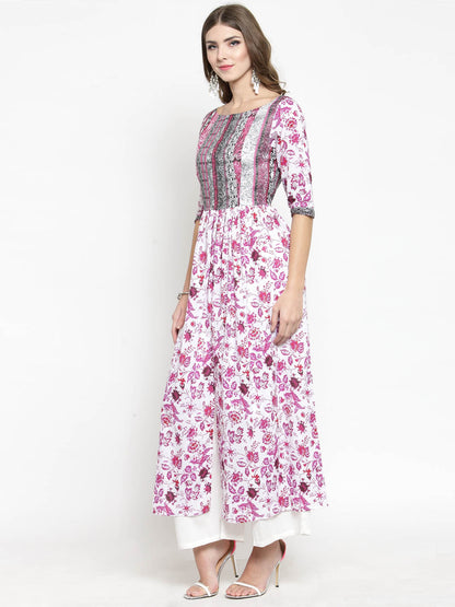 Women White Floral Print Anarkali Kurta with White Palazzo