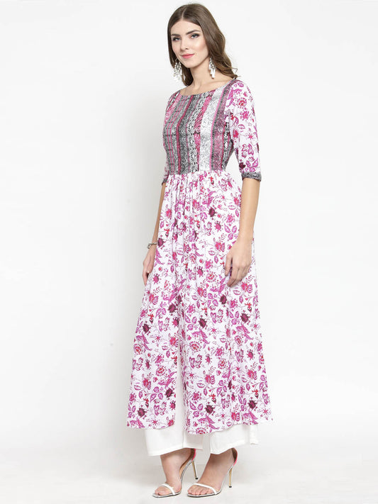 Women White Floral Print Anarkali Kurta with White Palazzo