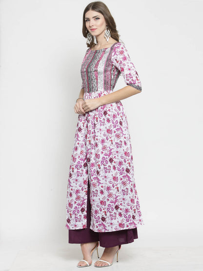 Women White Floral Print Anarkali Kurta