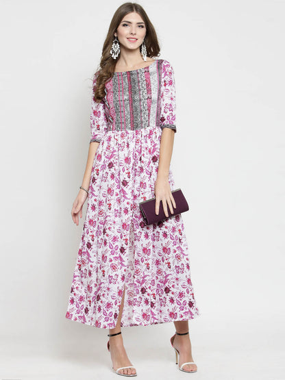 Women White Floral Print Dress