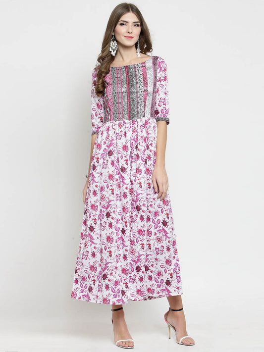 Women White Floral Print Dress