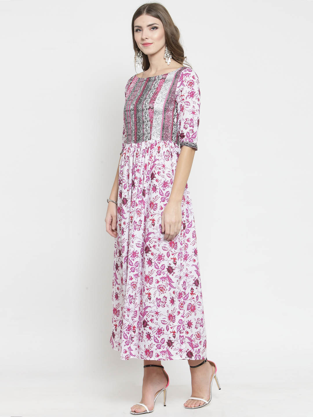 Women White Floral Print Dress