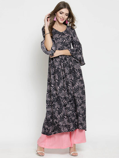 Women Black Printed Kurta with Pink Palazzo
