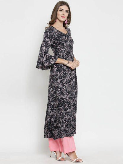 Women Black Printed Kurta with Pink Palazzo