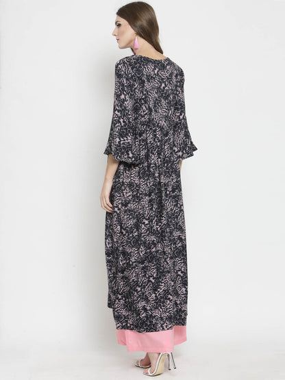 Women Black Printed Kurta with Pink Palazzo