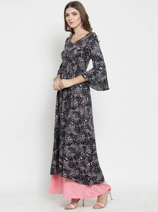 Women Black Printed Kurta with Pink Palazzo