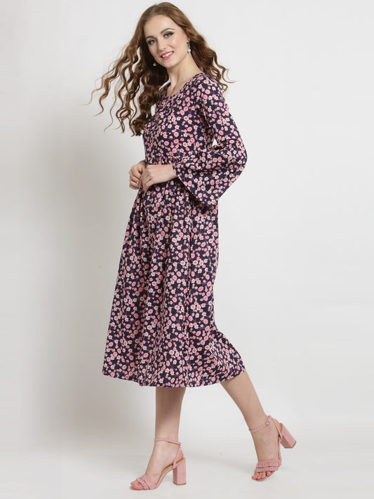 Navy Floral Print Midi Dress