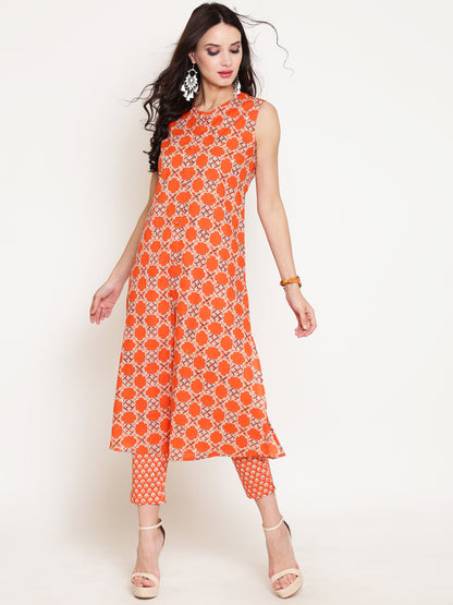 Orange Printed A-line Kurta,has multiple slit .has Round Neck