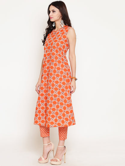 Orange Printed A-line Kurta,has multiple slit .has Round Neck