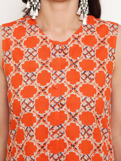 Orange Printed A-line Kurta,has multiple slit .has Round Neck