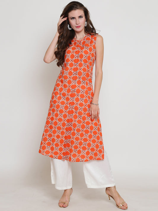 Orange Printed Kurta With Palazzo