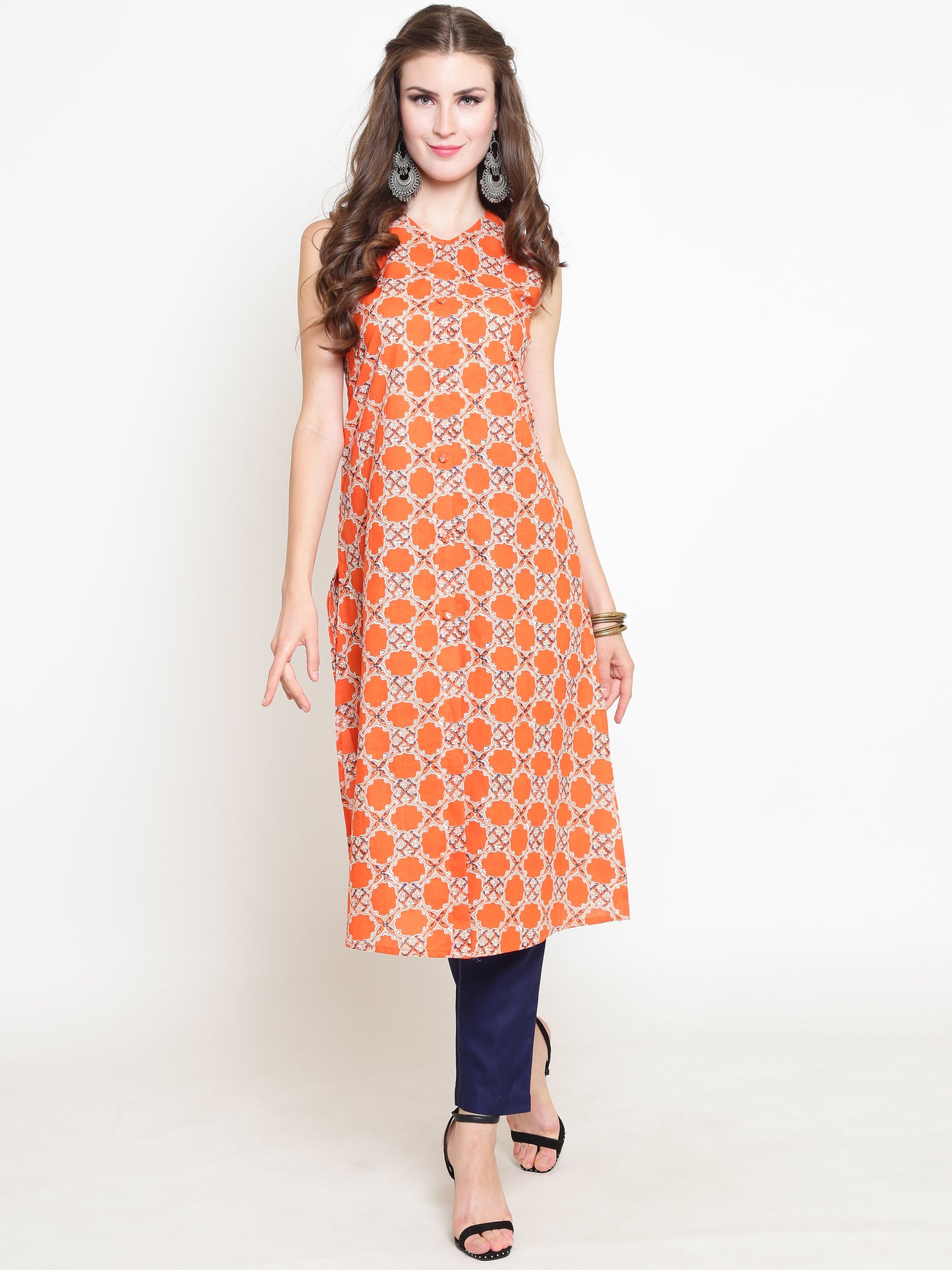 Orange Printed Kurta With Palazzo