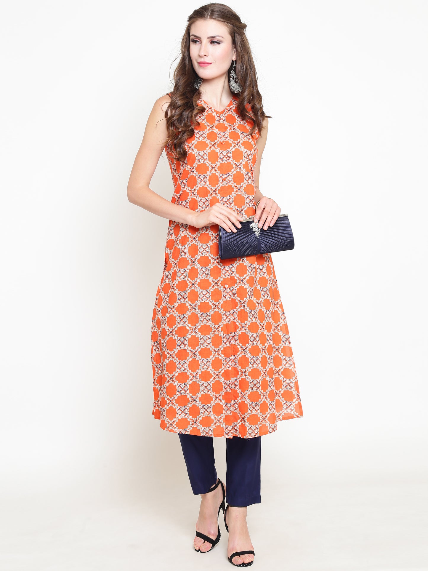 Orange Printed Kurta With Palazzo
