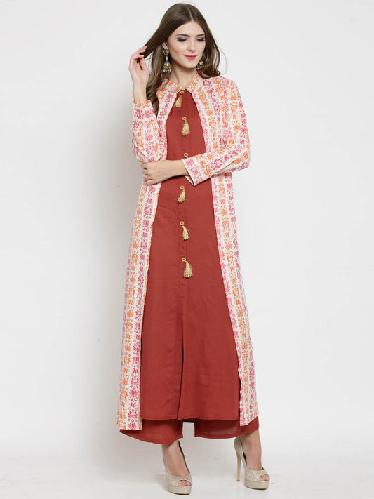 Women 2 Piece Layered Kurta with Brown Palazzo Set