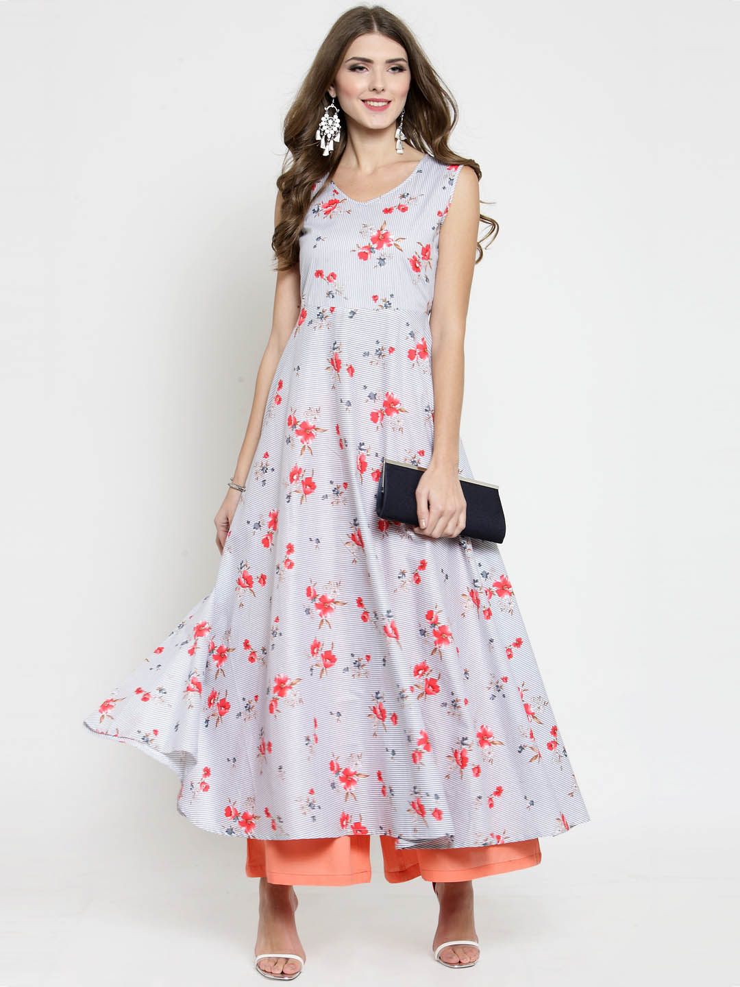 Grey Striped Floral Print Anarkali Kurta and Coral Palazzo Set