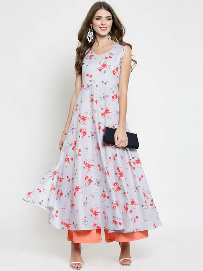 Grey Striped Floral Print Anarkali Kurta and Coral Palazzo Set