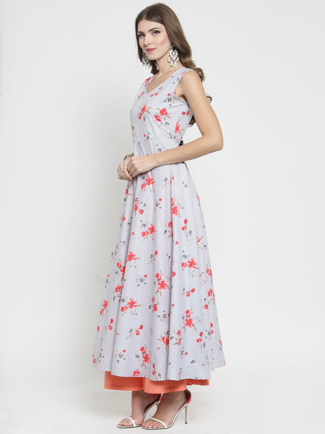 Grey Striped Floral Print Anarkali Kurta and Coral Palazzo Set