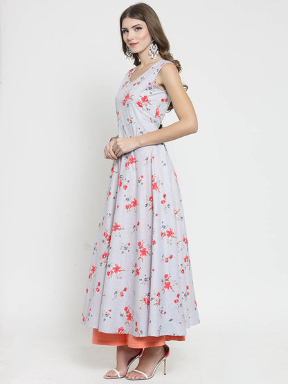 Grey Striped Floral Print Anarkali Kurta and Coral Palazzo Set