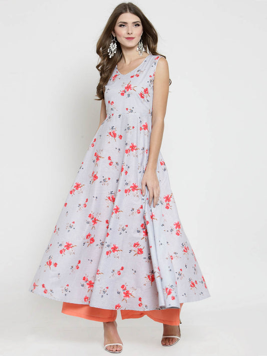 Grey Striped Floral Print Anarkali Kurta and Coral Palazzo Set