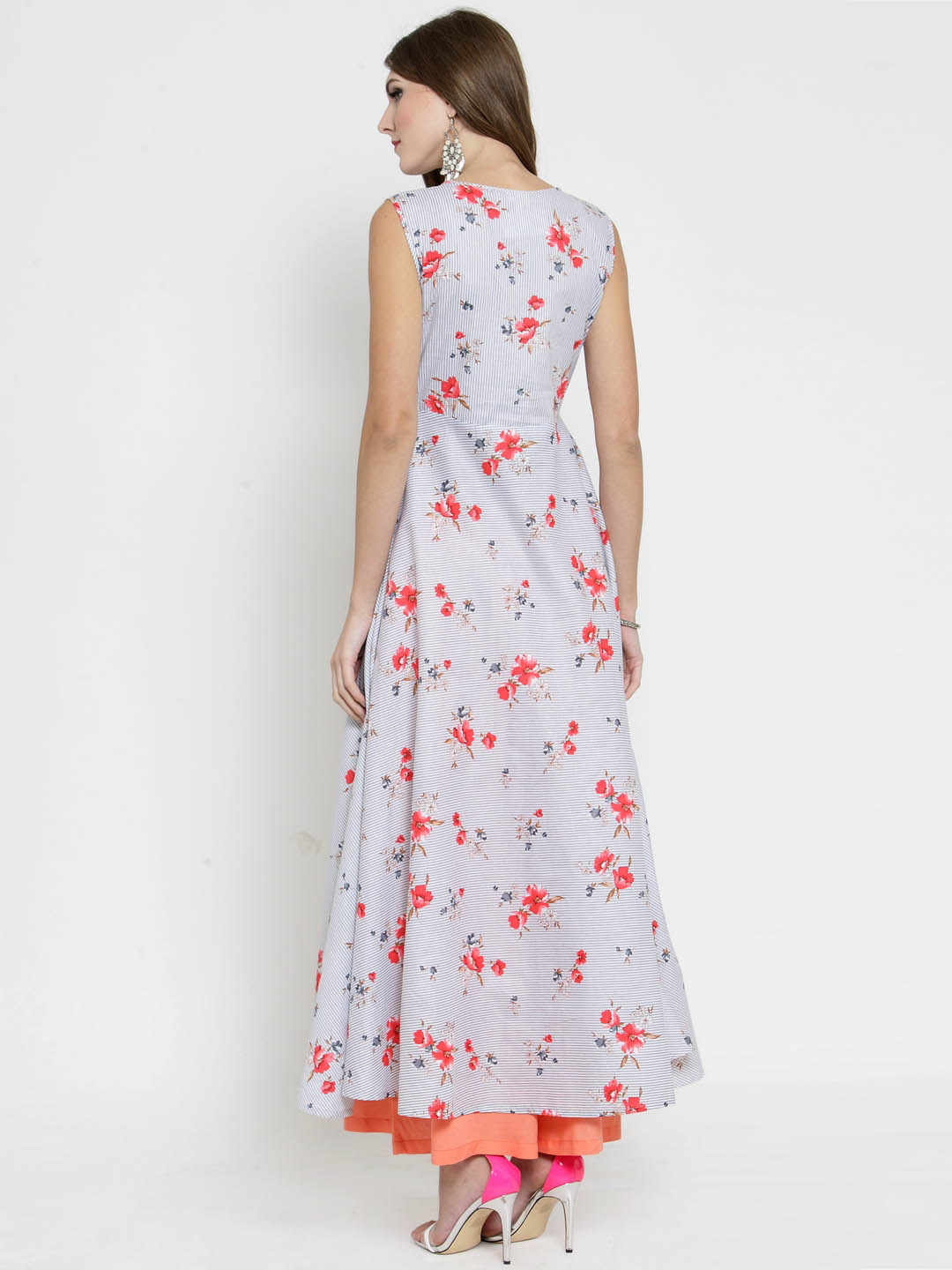 Grey Striped Floral Print Anarkali Kurta and Coral Palazzo Set
