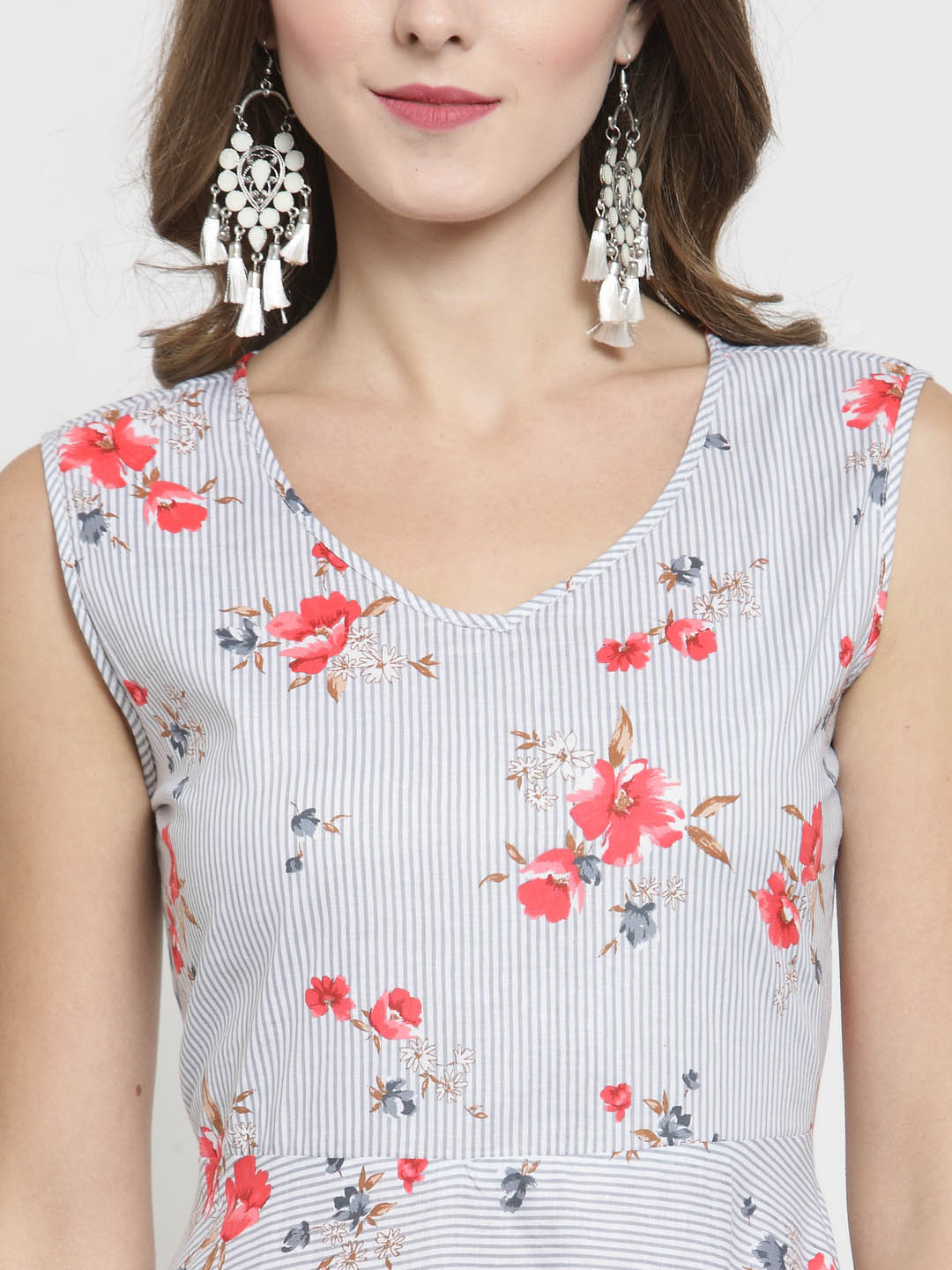Grey Striped Floral Print Anarkali Kurta and Coral Palazzo Set