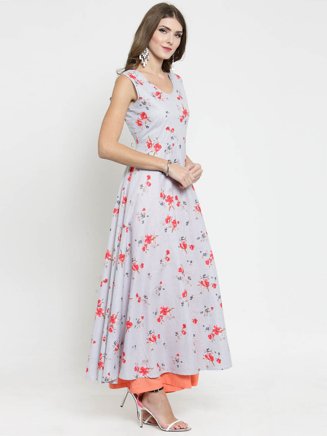 Grey Striped Floral Print Anarkali Kurta and Coral Palazzo Set