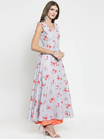 Grey Striped Floral Print Anarkali Kurta and Coral Palazzo Set