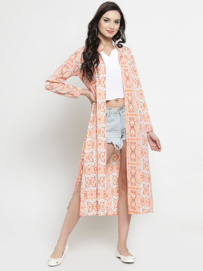 Orange-Colored Printed Open Front Shrug