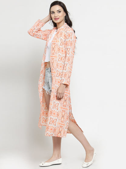 Orange-Colored Printed Open Front Shrug