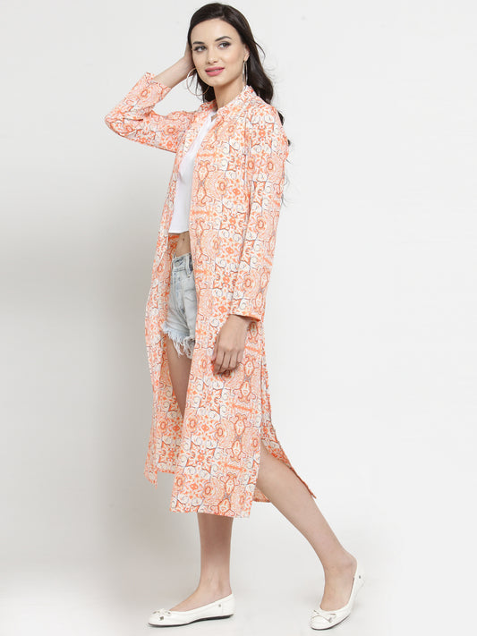 Orange-Colored Printed Open Front Shrug