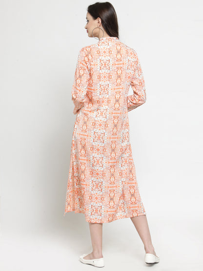 Orange-Colored Printed Open Front Shrug
