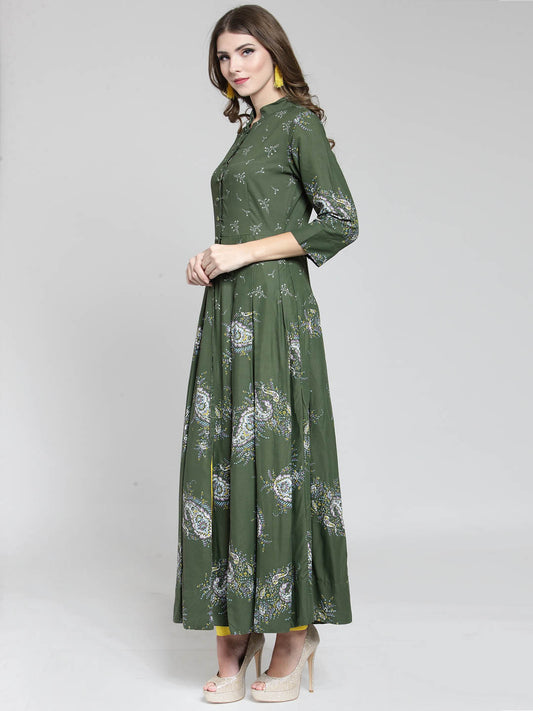 Women Green Printed Anarkali Long Kurta with Yellow Palazzo