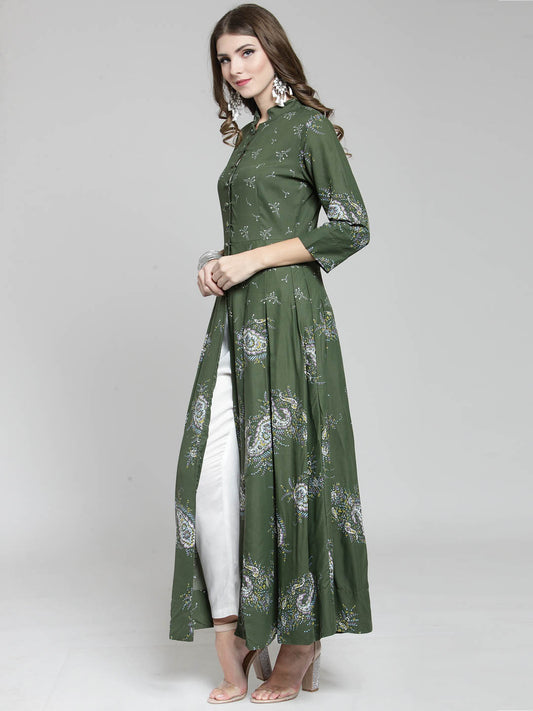 Women Green Printed Anarkali Long Kurta with White Palazzo