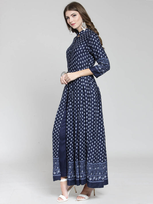 Navy Border Print Anarkali Long Kurta and Blue Palazzo Set