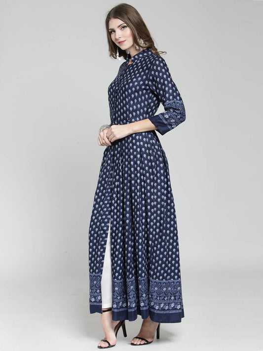 Navy Border Print Anarkali Long Kurta and White Palazzo Set