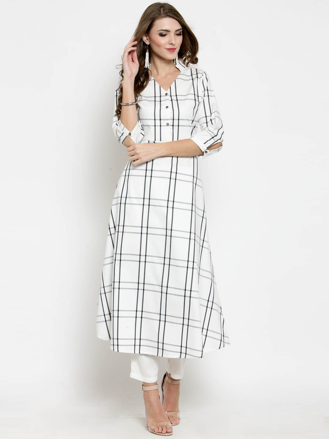 Women Black and White Check A line Kurta with White Palazzo