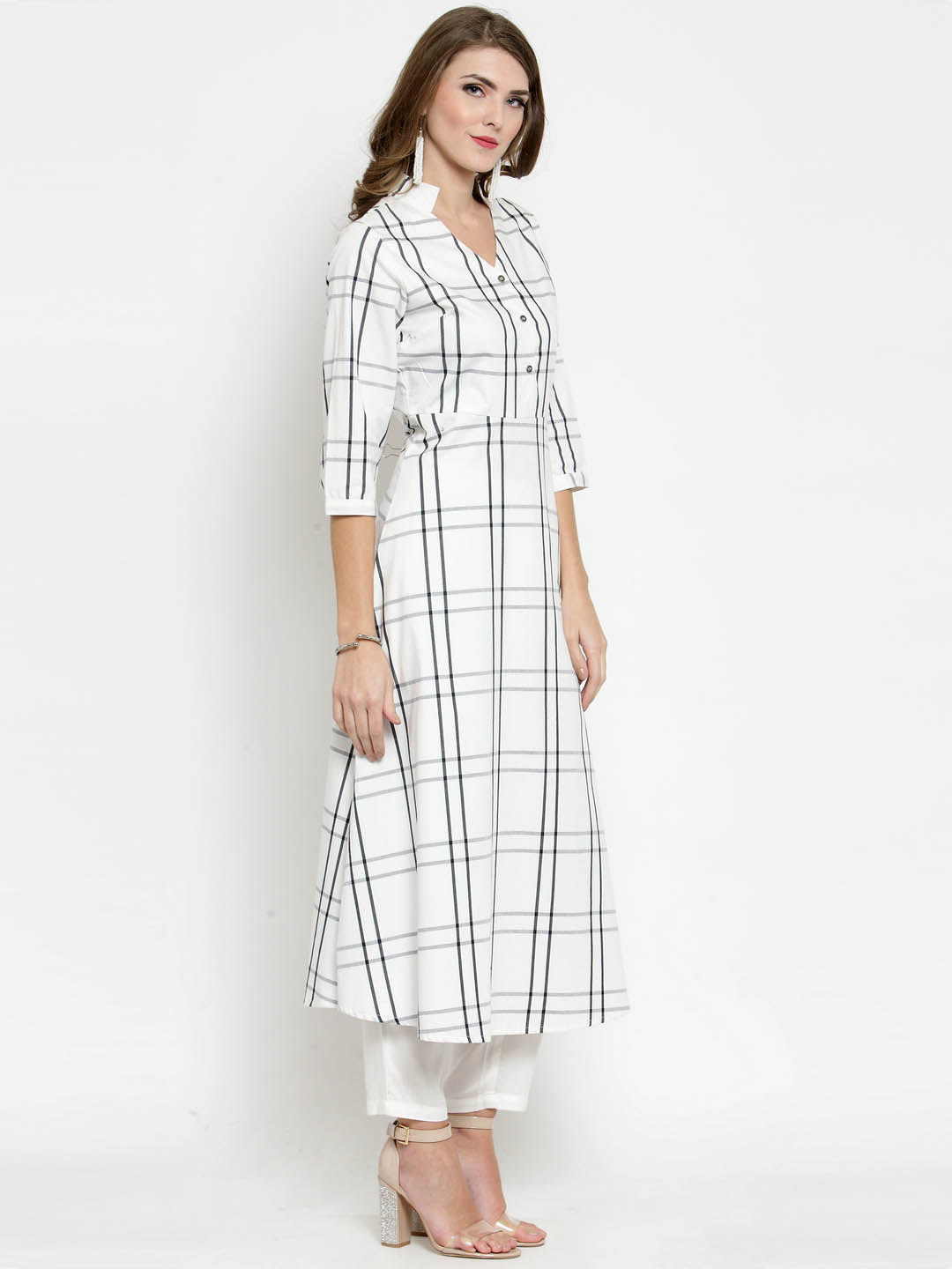Women Black and White Check A line Kurta with White Palazzo