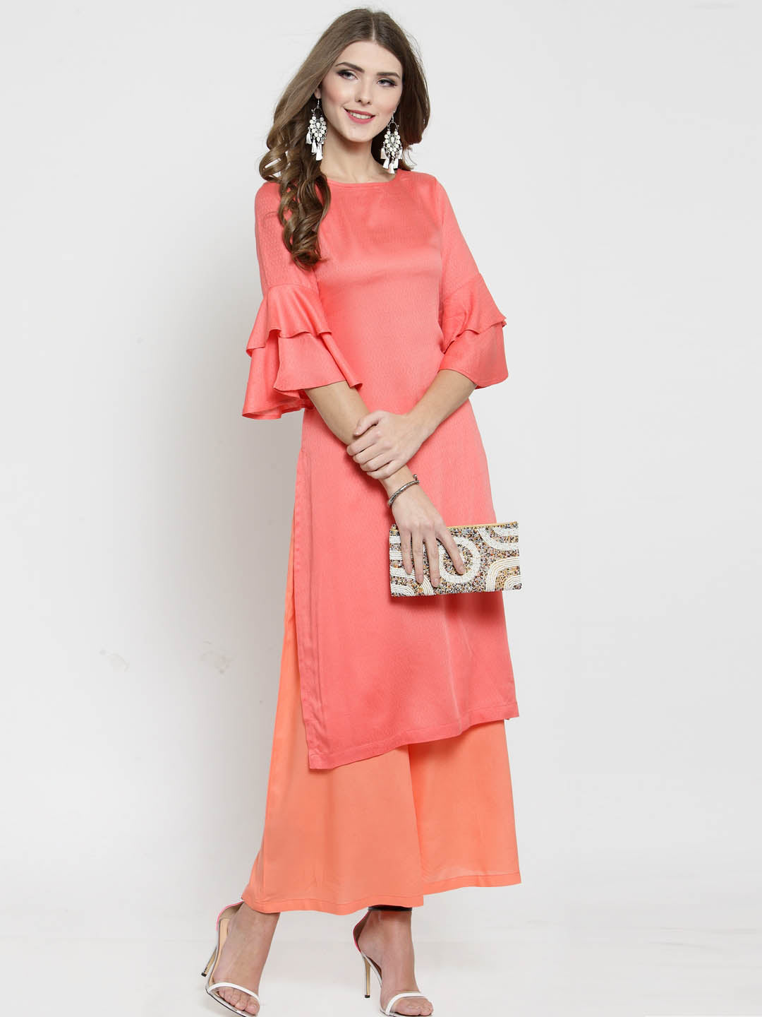 Coral Solid bell sleeve Kurta and Coral Palazzo Set