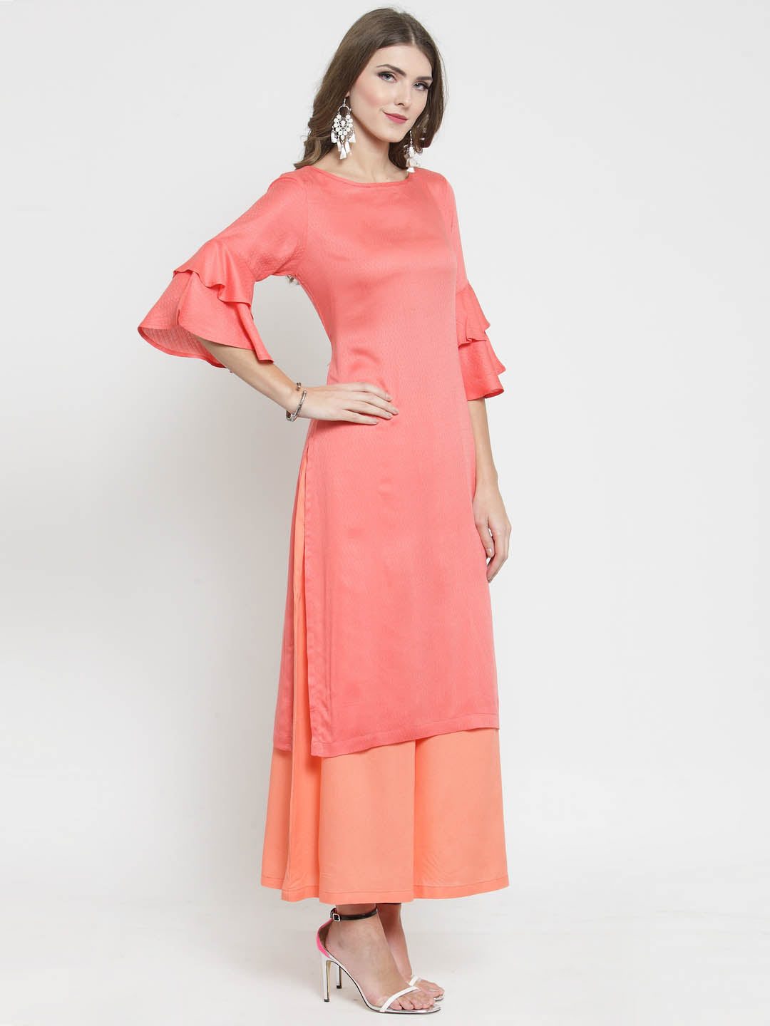 Coral Solid bell sleeve Kurta and Coral Palazzo Set