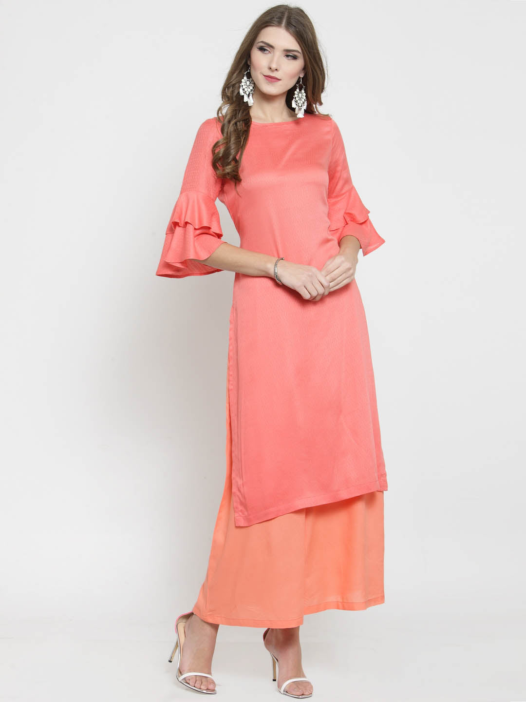 Coral Solid bell sleeve Kurta and Coral Palazzo Set