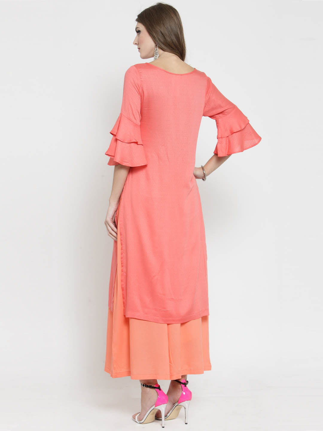 Coral Solid bell sleeve Kurta and Coral Palazzo Set