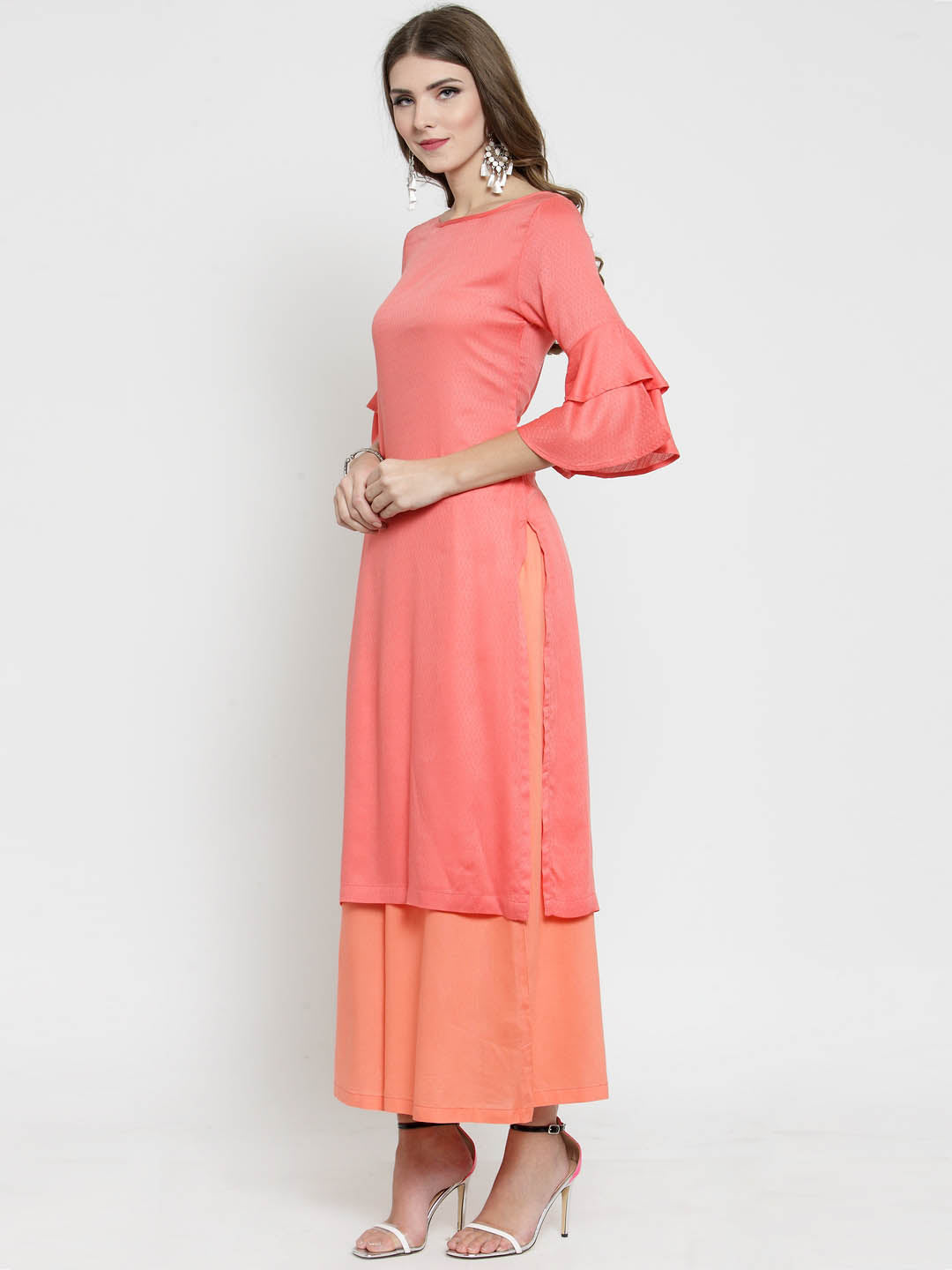 Coral Solid bell sleeve Kurta and Coral Palazzo Set