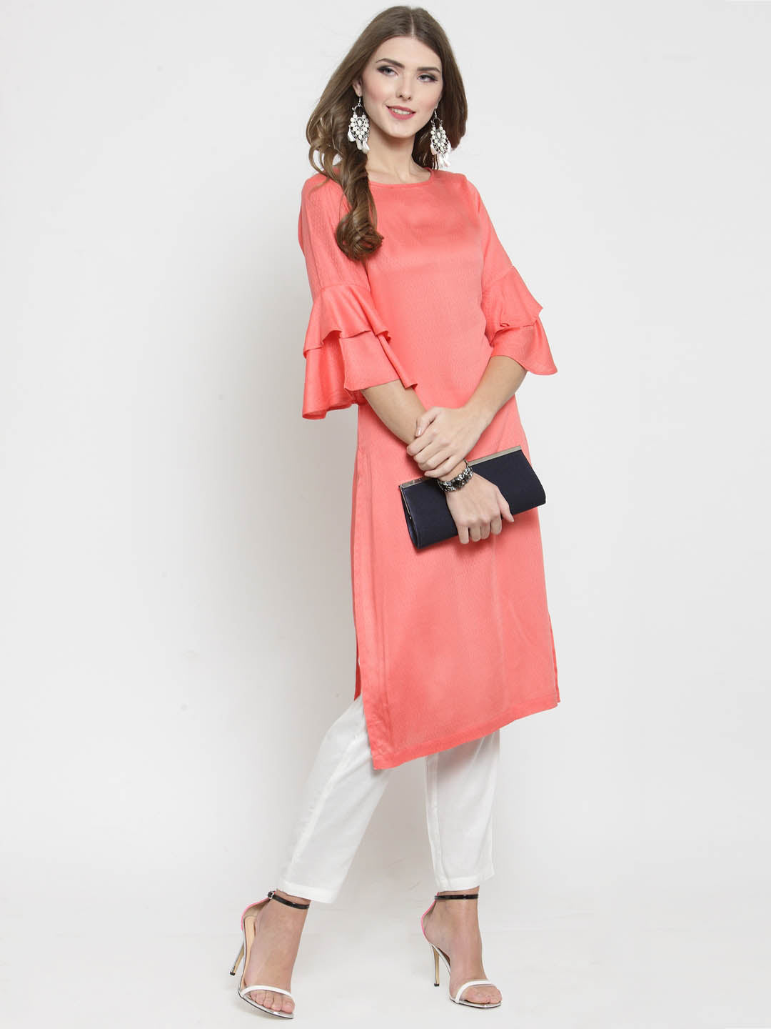 Coral Solid bell sleeve Kurta and White Palazzo Set