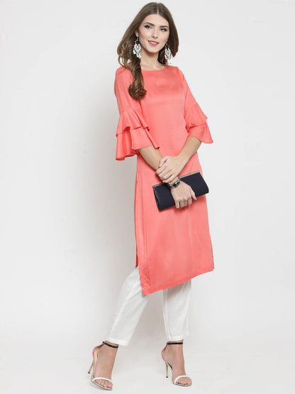 Coral Solid bell sleeve Kurta and White Palazzo Set