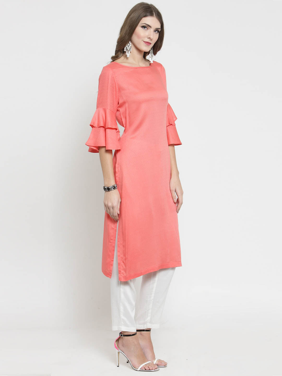 Coral Solid bell sleeve Kurta and White Palazzo Set
