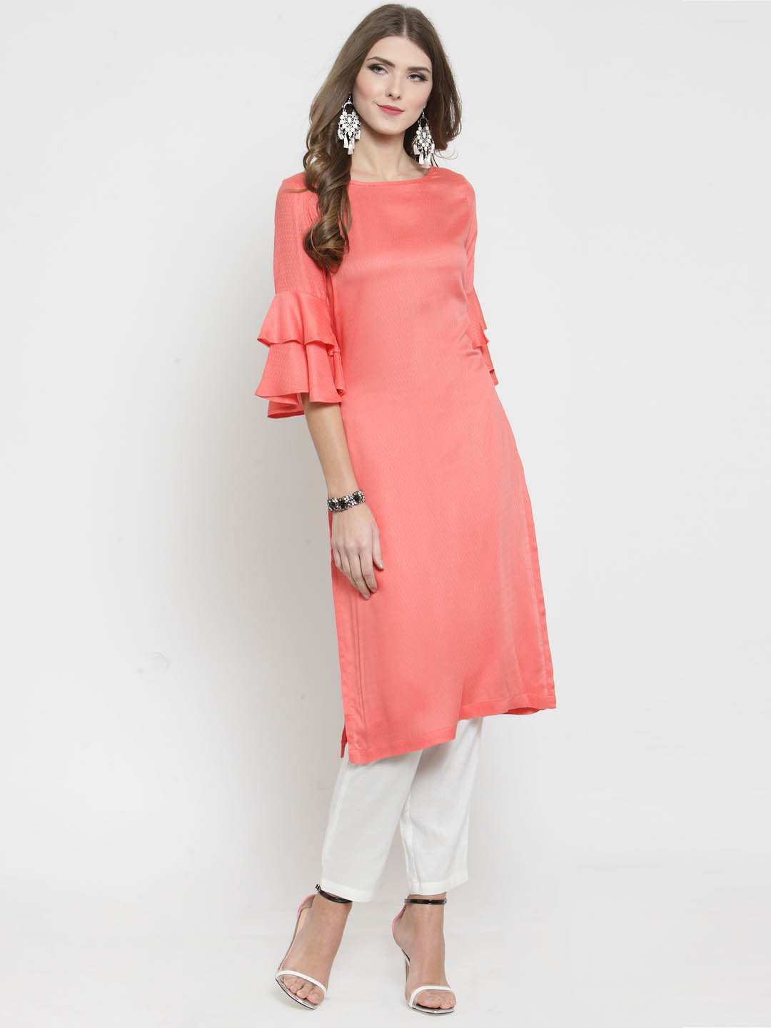 Coral Solid bell sleeve Kurta and White Palazzo Set